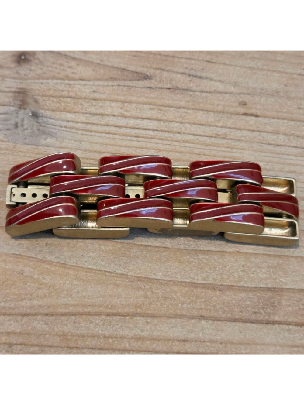 Gold & Red Enameled Chain Design Bangle Hinged 8" Bracelet - Picture 2 of 3